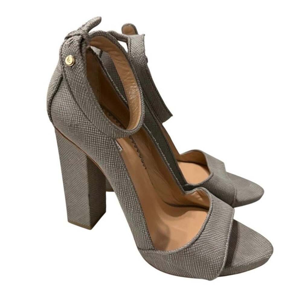 Emporio Armani Gray Textured Leather Ankle-Strap Block Heel Sandals